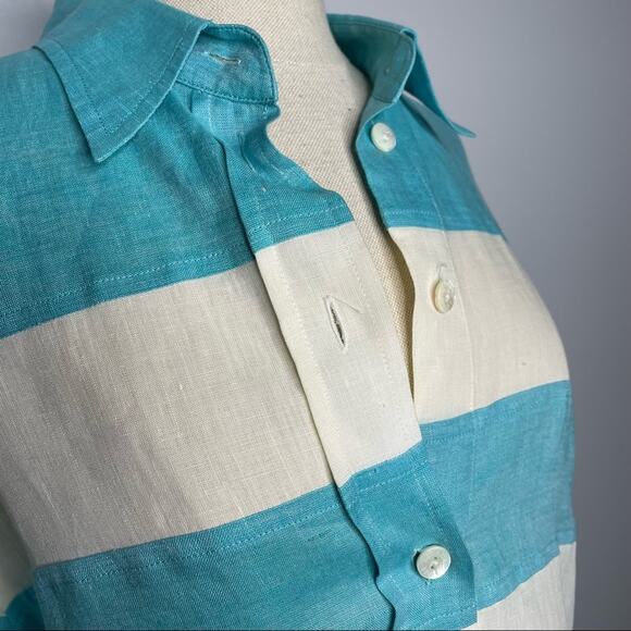 Escada Sport Linen Blouse Button Down Stripe Blue White L EUC - Picture 7 of 15